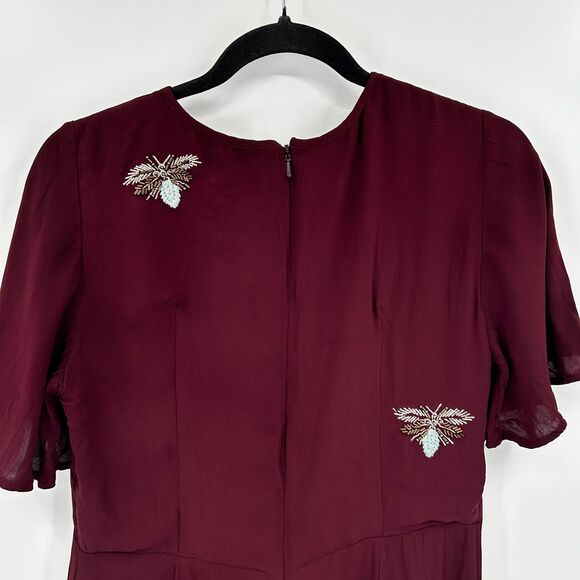 ANTHROPOLOGIE Moulinette Soeurs Burgundy Beaded Firefly Bug Silk Dress 4 Petite - Picture 7 of 10